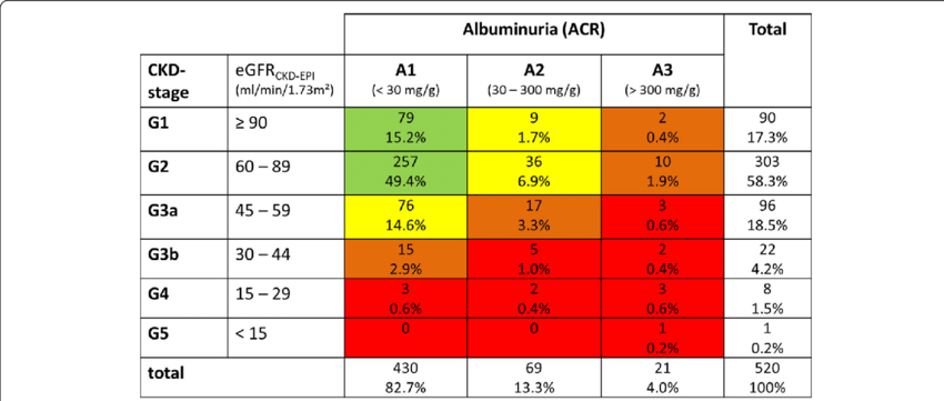 Stages of CKD according to eGFR and albuminuria following KDIGO classification displayed