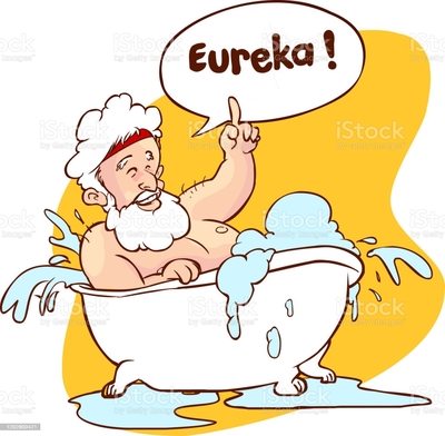 Vector illustration of a Archimedes in bath. Thumbs up eureka. ancient greek mathematician, physicist.